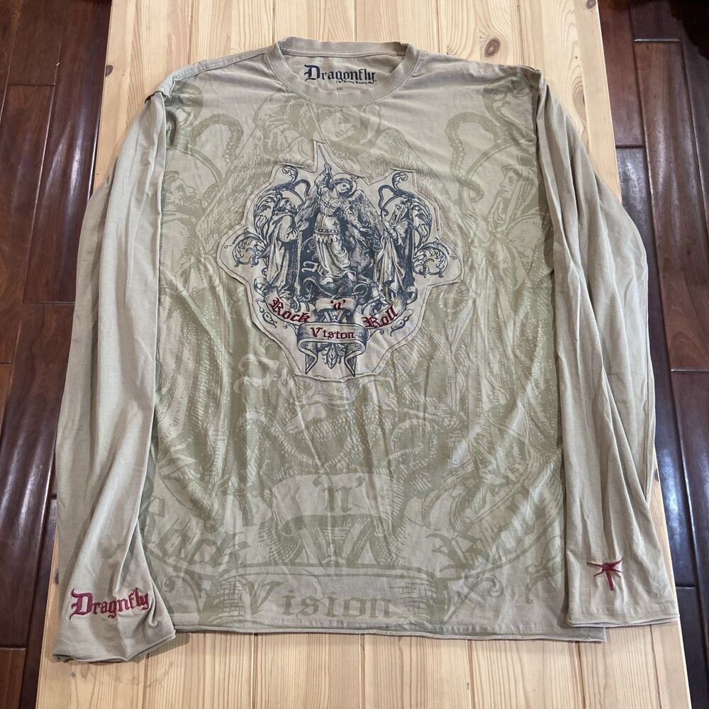 VTG Y2K Dragonfly Shirt LS Grunge Faded Patch Embroidered XXL Pullover
